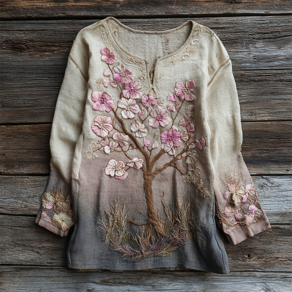 Comstylish Vintage Floral Embroidery Women's Linen Long Sleeve Shirt