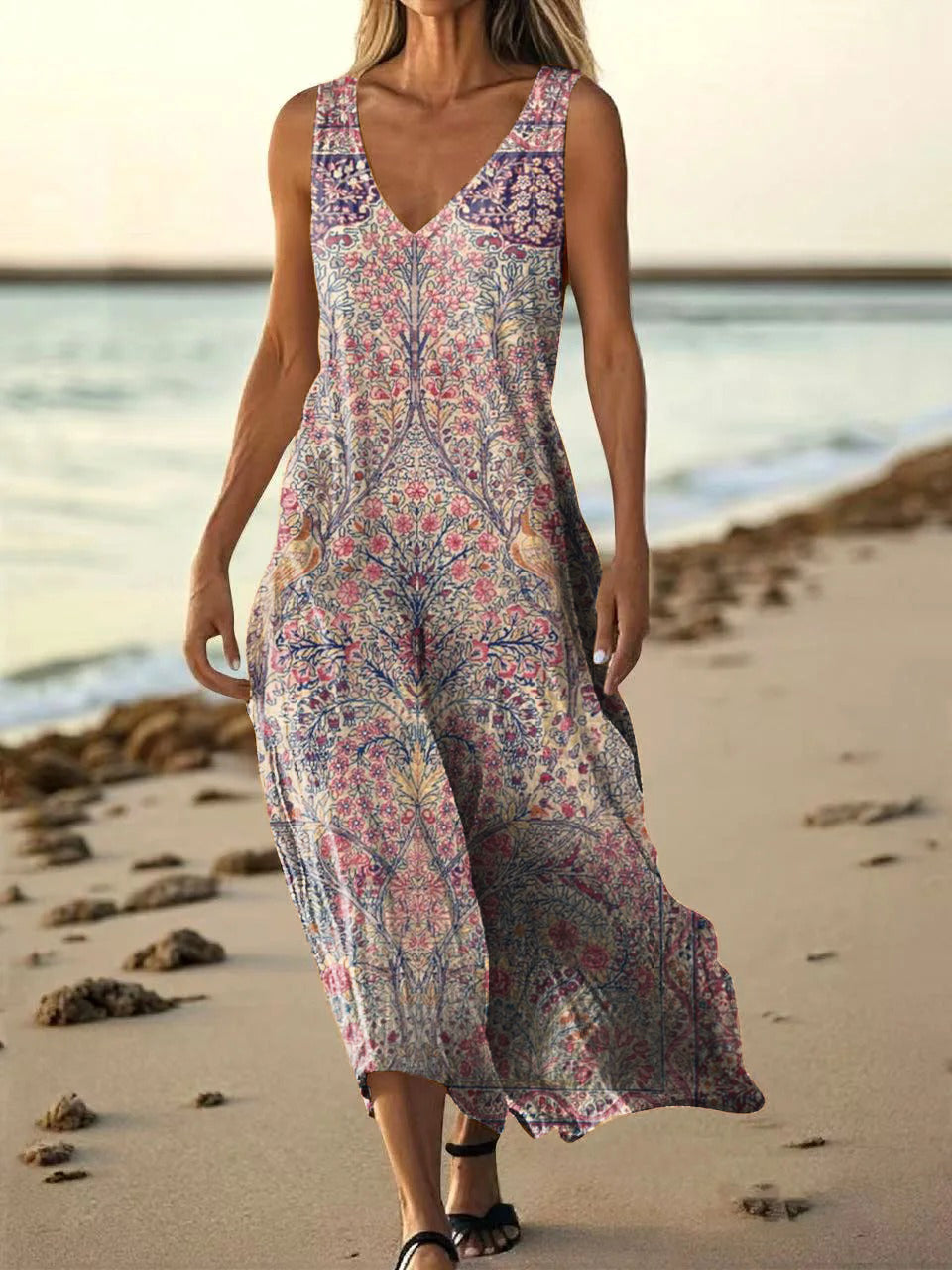 Women's Vintage Ethnic Floral Art Print Pocket Cotton Dress