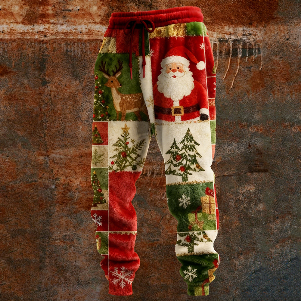 Comstylish Men's Vintage Christmas Patchwork Art Cozy Plush Pants