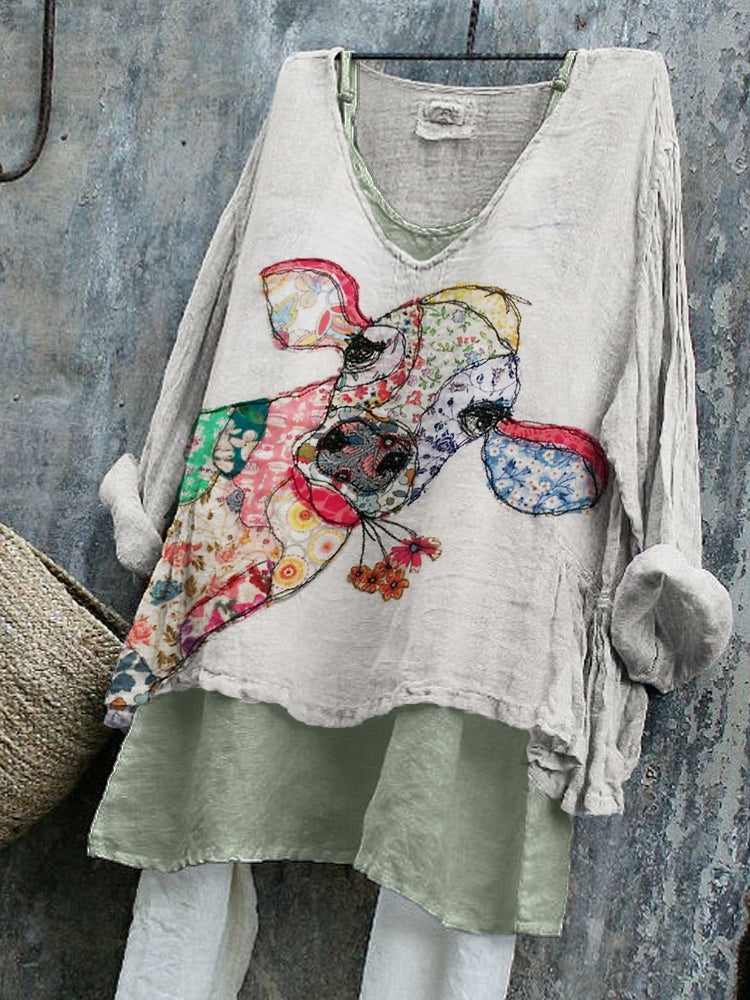 Peeking Cow Cottage Floral Patchwork Linen Tunic artswardrobe