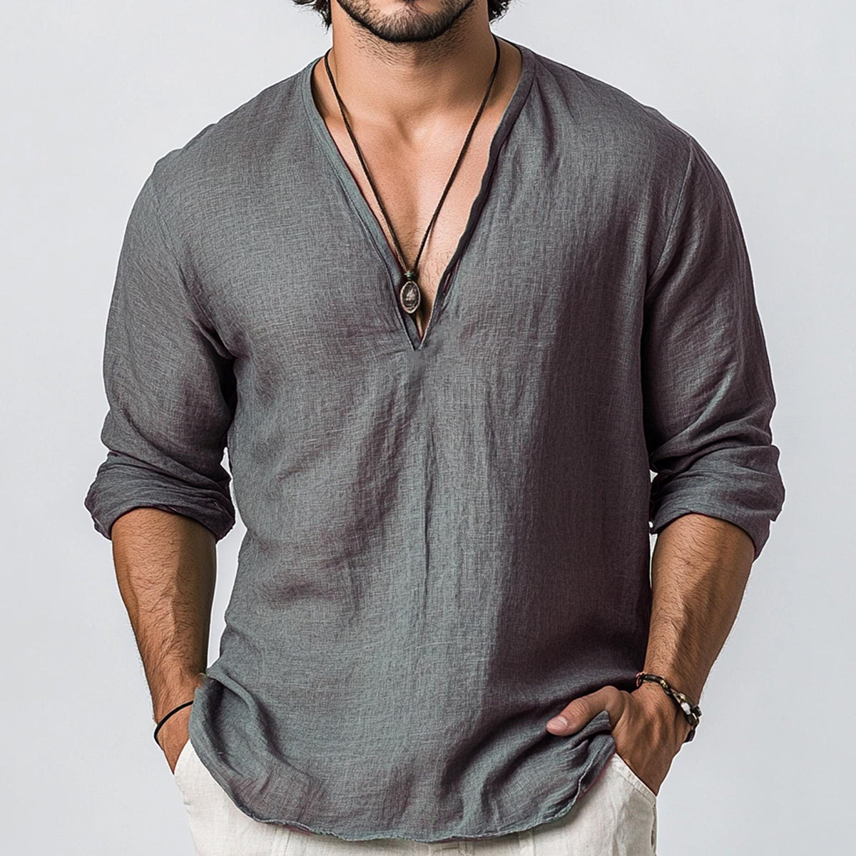 Men's Solid Color V Neck Casual Linen Shirt artswardrobe
