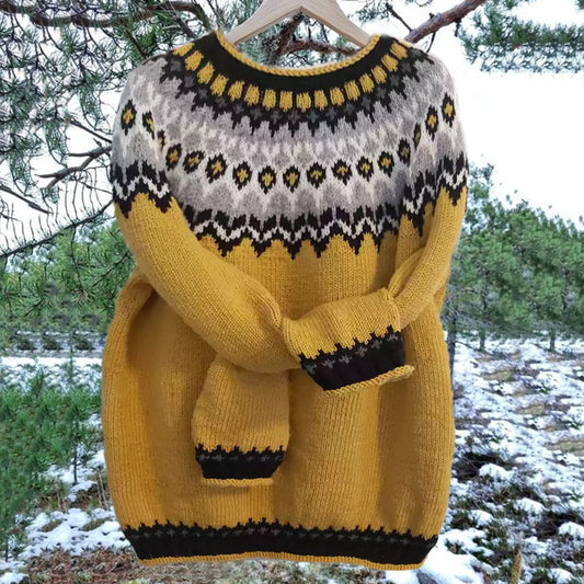 Unisex Vintage Icelandic Yellow Knit Jacquard Warmth Crew Neck Sweater elevenforest