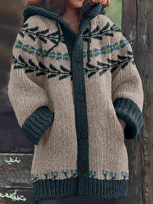 Vintage Tribal Floral Geometry Icelandic Knit Pattern Cozy Cardigan Sweater elevenforest