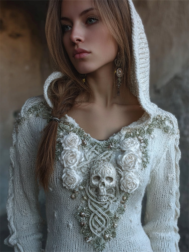 Vintage White Roses Skull Celtic Hooded Cozy Knit Sweater artswardrobe