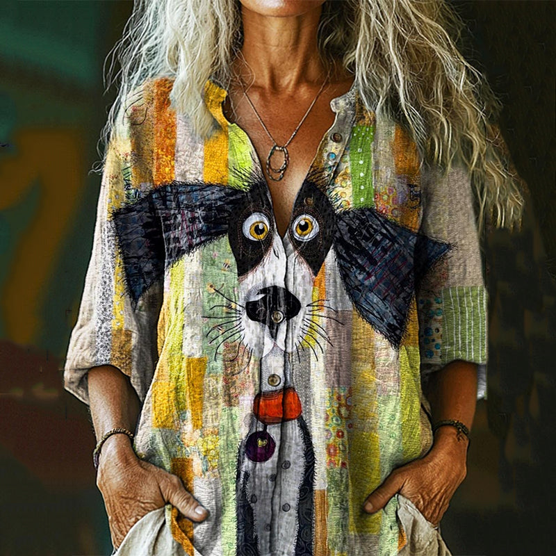 Comstylish Women's Vintage Puppy Art Print Cotton And Linen Shirt