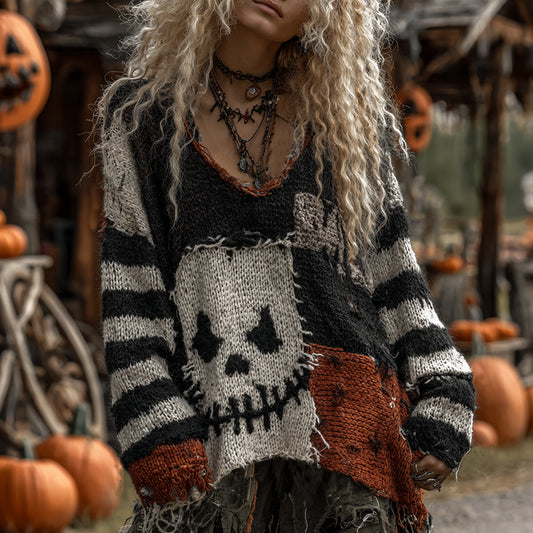 Halloween Evil Face Art Cozy Knit Sweater elevenforest