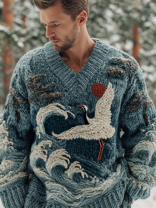 Vintage Japanese Crane & Ocean Art Men's Chunky Knit V-neck Sweater elevenforest