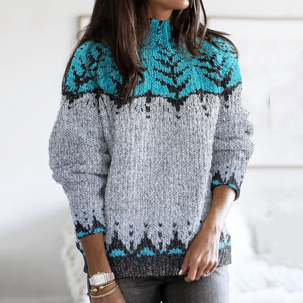 Women's Turtleneck Sweater With Vintage Fair Isle Knitted Jacquard Pattern elevenforest