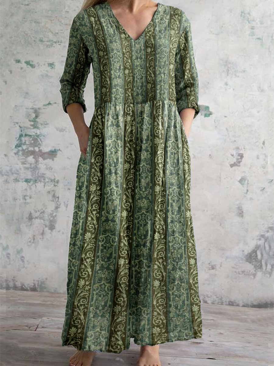 Women's Elegant Vintage Floral Pattern Cotton and Linen Dress with Poc