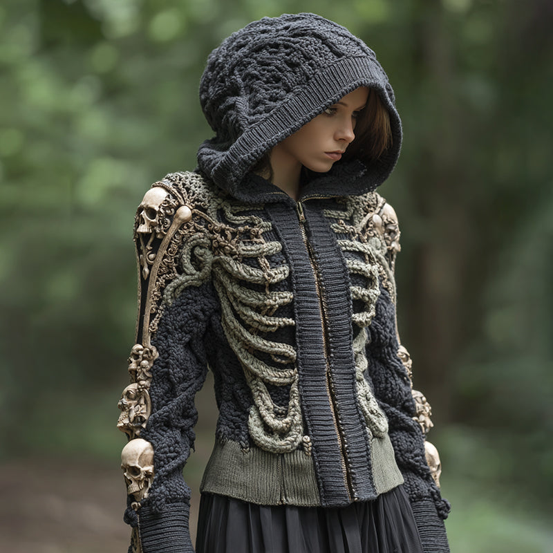 Women's Retro Skull Art Cozy Knit Zip Up Hooded Sweater elevenforest