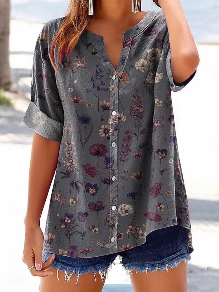 Women's Vintage Floral Art Pattern Print Casual Cotton And Linen Shirt