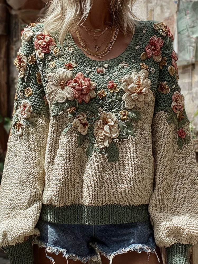 Bohemian Style Plant And Flower Embroidery Pattern Women's Round Neck Knitted Sweater artswardrobe