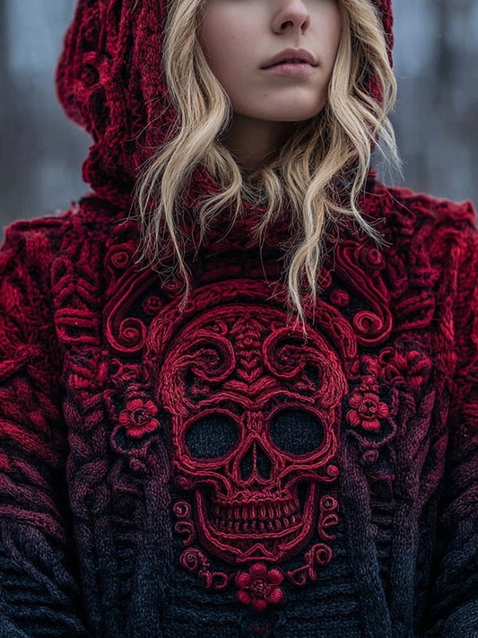 Vintage Spooky Skull Gradient Cozy Knit Hooded Sweater artswardrobe