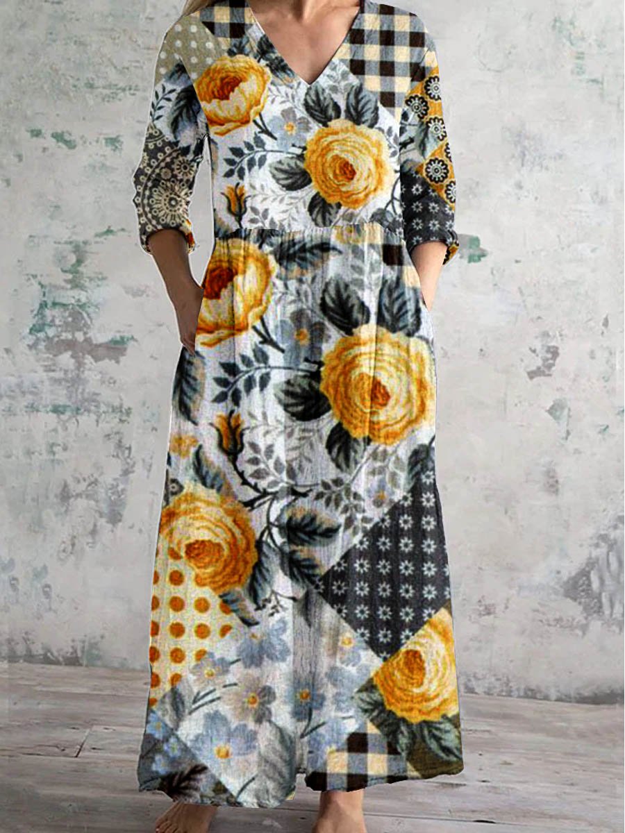 Women's V-Neck Vintage Geometric Floral Print Dress With Pockets