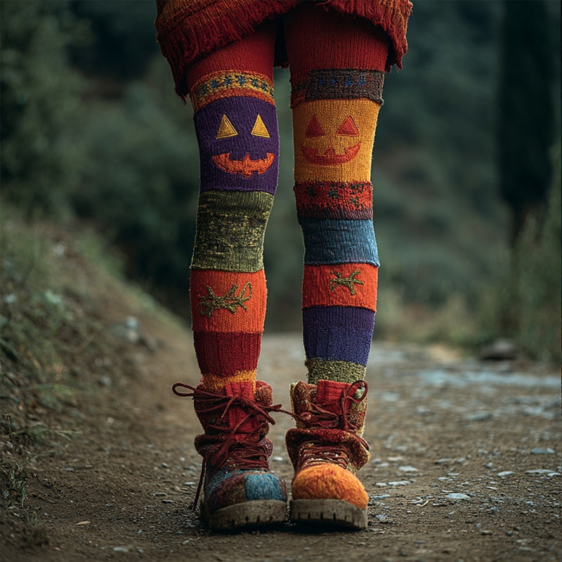 Halloween Pumpkin Spooky Face Patchwork Cozy Leggings artswardrobe