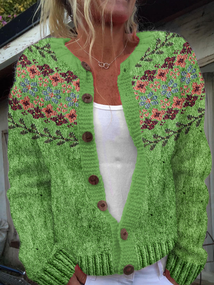 Vintage Icelandic Floral Art Print Cozy Button Sweater elevenforest