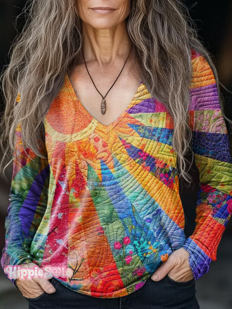 Women's Colorful Sunshine & flowers Sea Print Casual V-neck Long Sleev