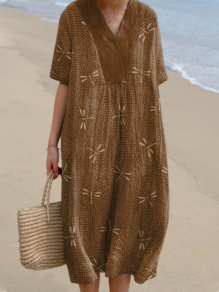 Japanese Art Dragonfly Print Linen Blend Dress