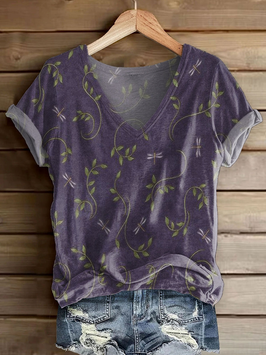 Women's Dragonfly Flower Art Print V-neck Casual T-Shirt