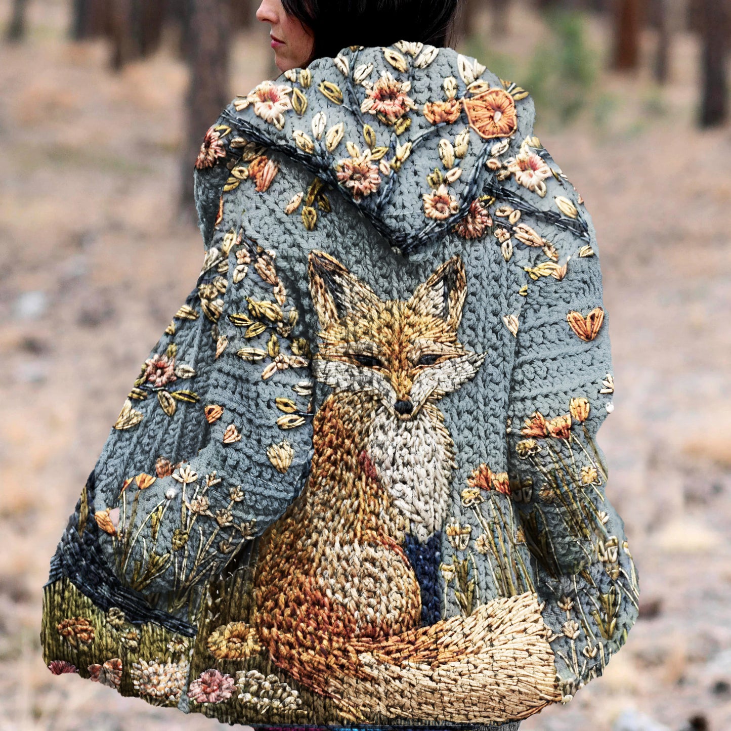 Fox Flower Art Print Long Sleeve Kint Hooded Cardigan artswardrobe