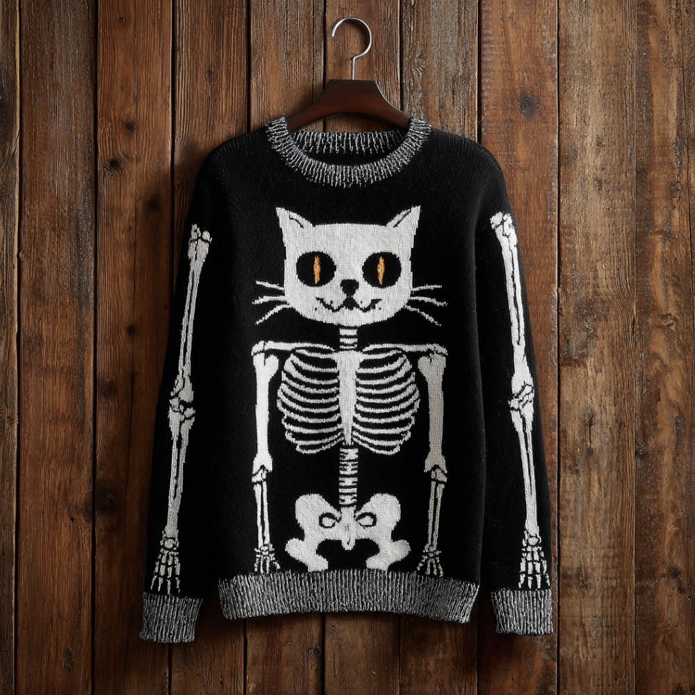 Halloween Cat Skull Art Black Round Neck Sweater artswardrobe