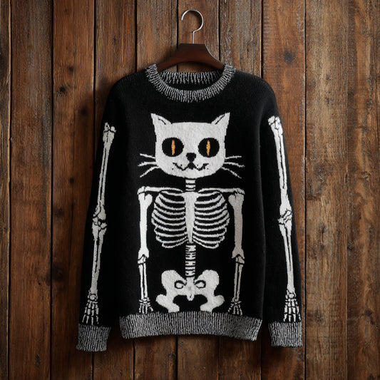 Halloween Cat Skull Art Black Round Neck Sweater artswardrobe