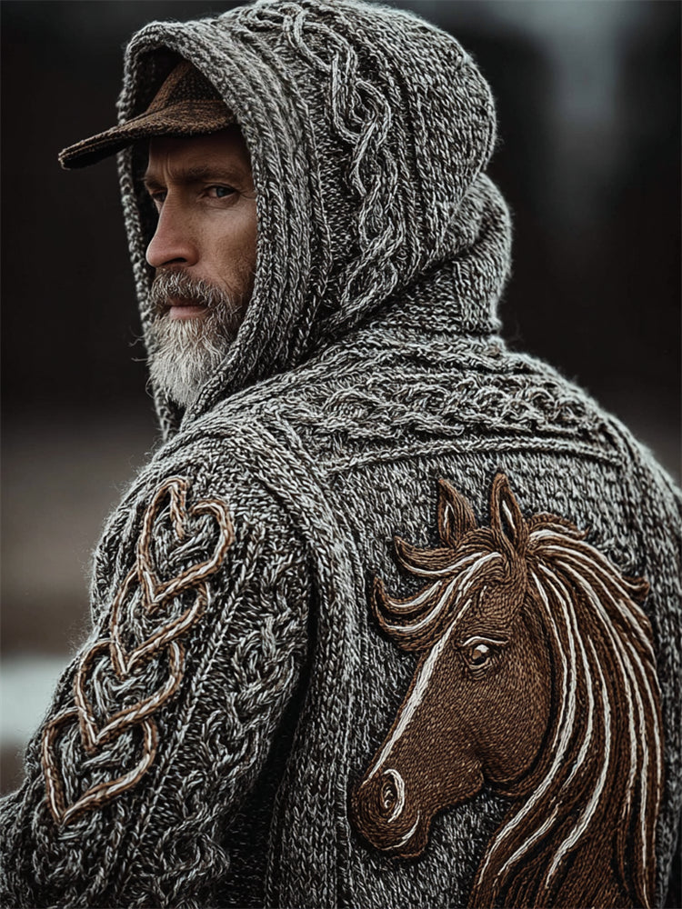 Men's Vintage Horse Crochet Celtic Cozy Knit Hooded Sweater artswardrobe