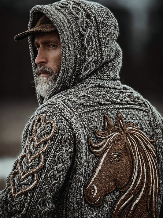 Men's Vintage Horse Crochet Celtic Cozy Knit Hooded Sweater artswardrobe