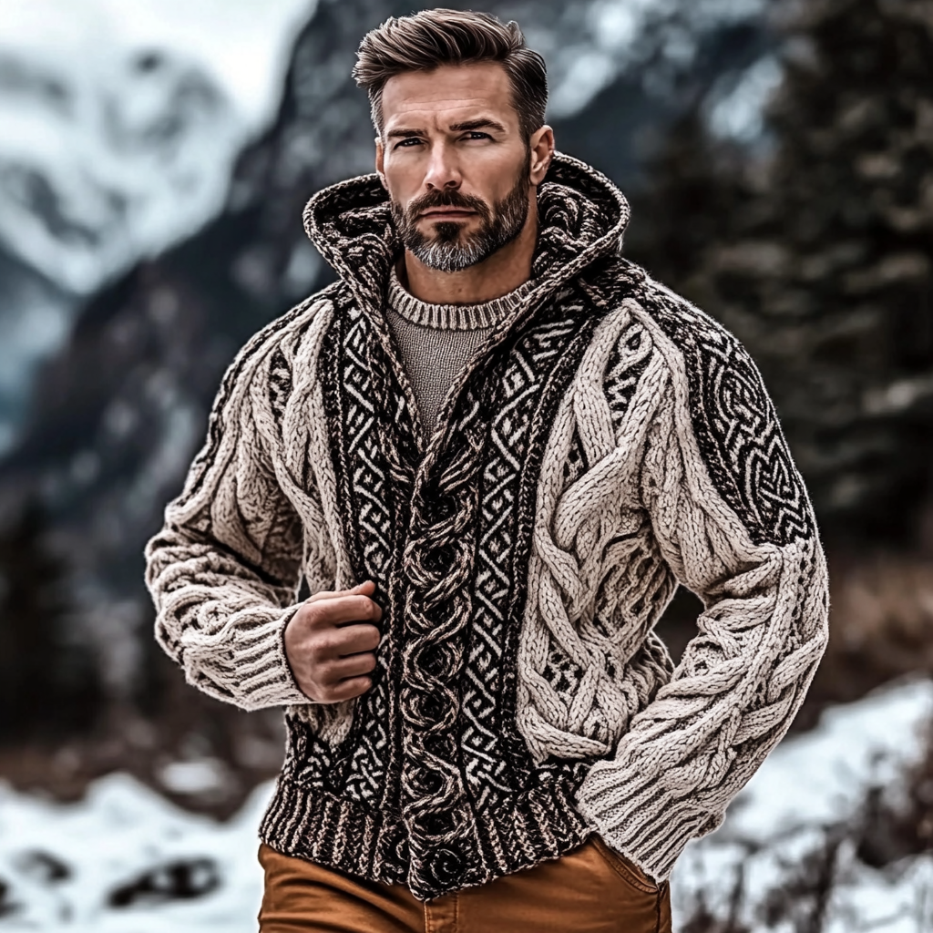Men's Viking Celtic Jacquard Knit Comfort Cardigan Sweater artswardrobe