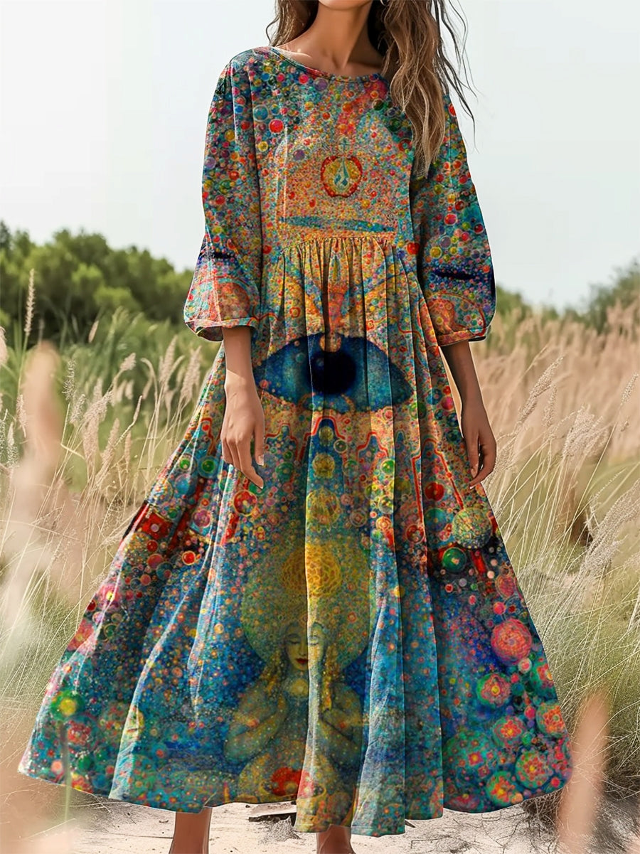 Women's Retro Ethnic Hippie Eye Art Print Flowy Cotton Crew Neck Dress