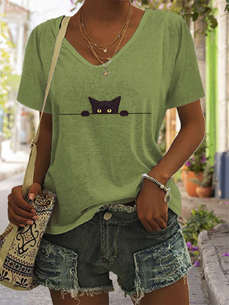 Women's Casual Black Cat Print T-shirt elevenforest