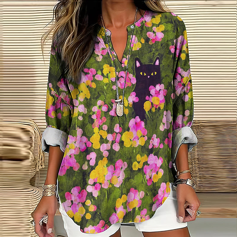 Comstylish Flowers Cat Art Print Casual Blouse