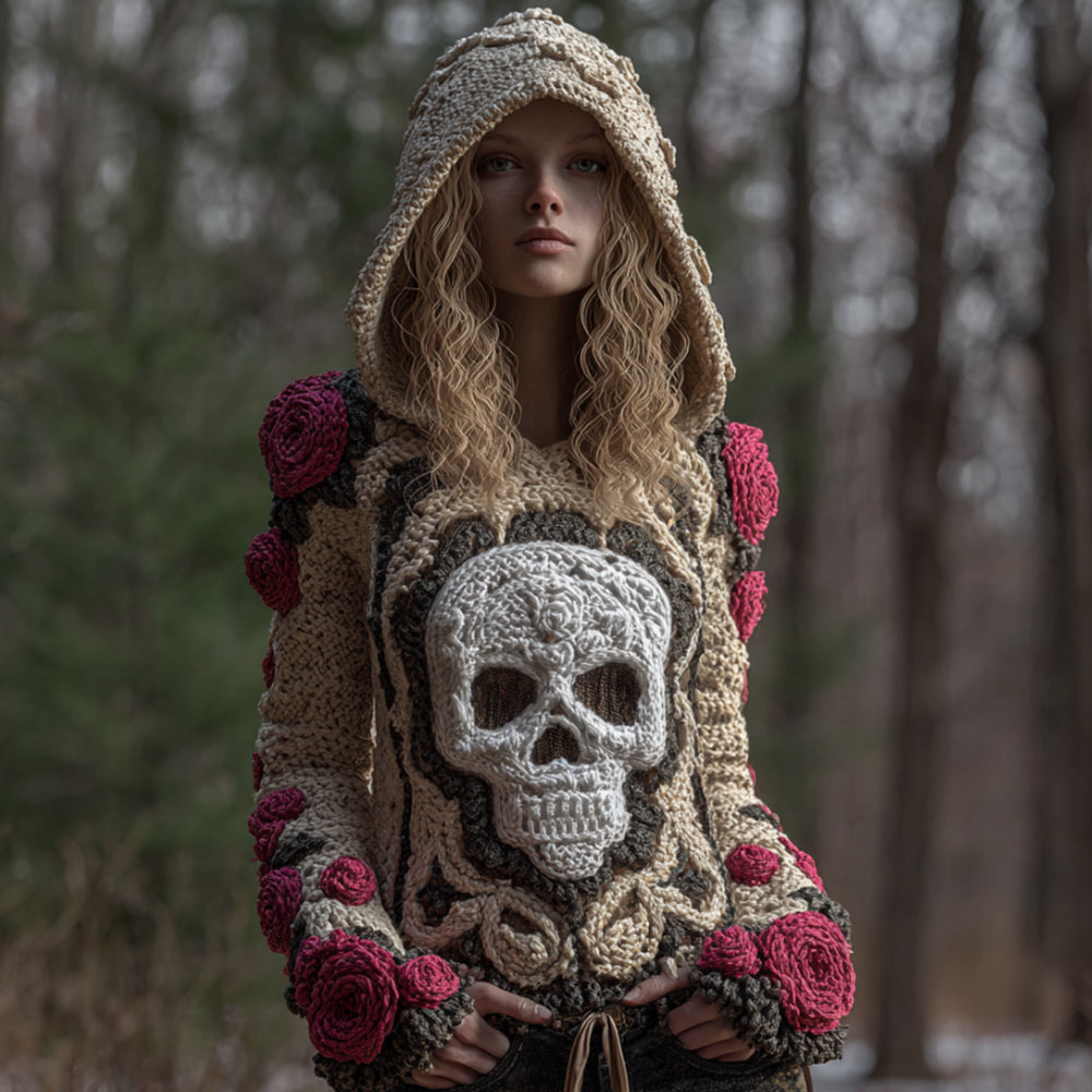 Women Halloween Pink Vintage Pink Fairy Rose Skull Complex Crochet Hooded Sweater artswardrobe