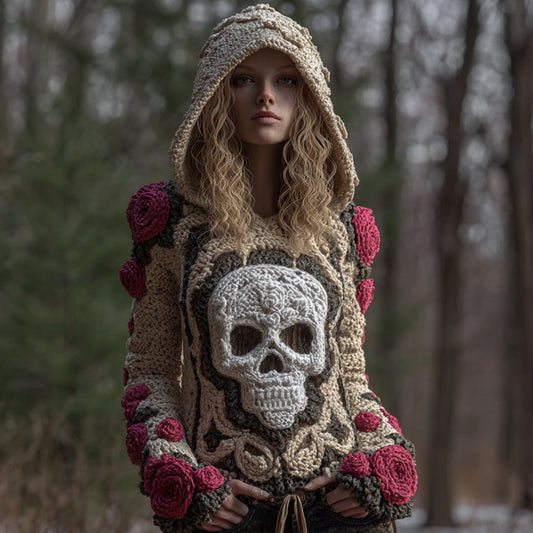 Women Halloween Pink Vintage Pink Fairy Rose Skull Complex Crochet Hooded Sweater artswardrobe