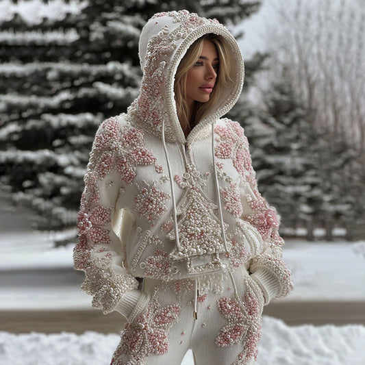 Women's Pearl Christmas Tree Art Zip-up Cozy Hooded Sweater artswardrobe