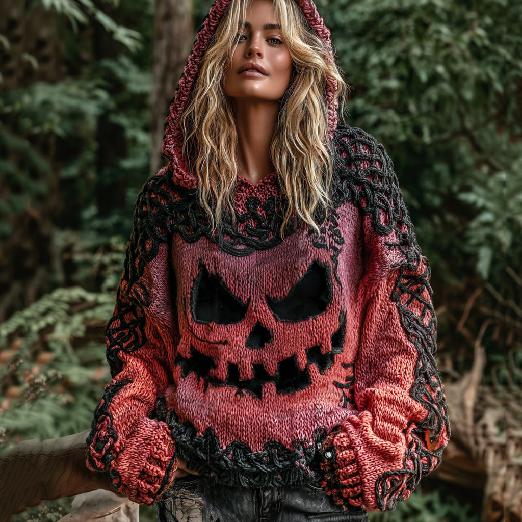 Halloween Pumpkin Face Chunky Crochet Hooded Sweater elevenforest