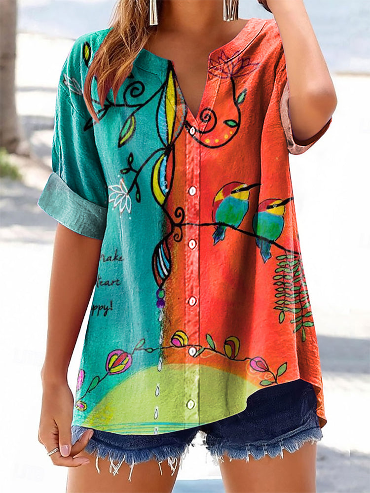 Women's Vintage Floral Bird Art Printed Casual Short Sleeve Cotton and