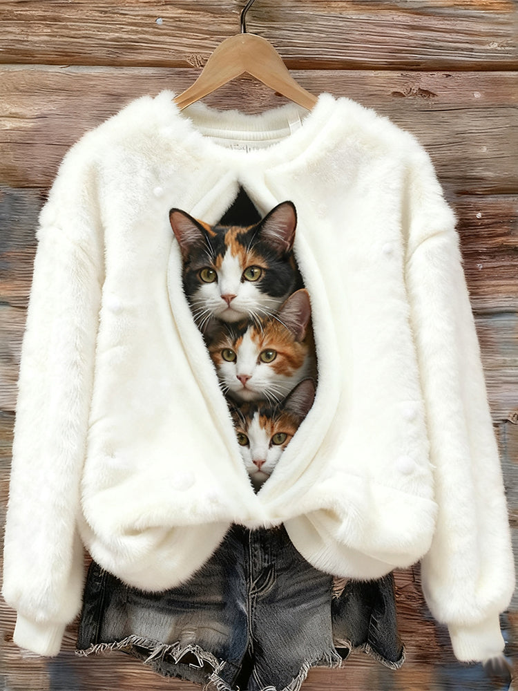 Comstylish Peeking At The Three Little Cats Warm Round Neck Flannel Hoodie