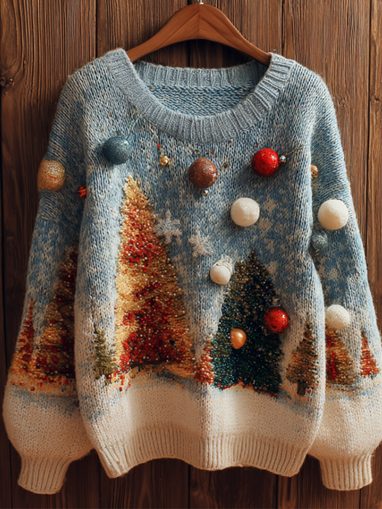 Christmas Tree Elements Women's Round Neck Knit Sweater artswardrobe