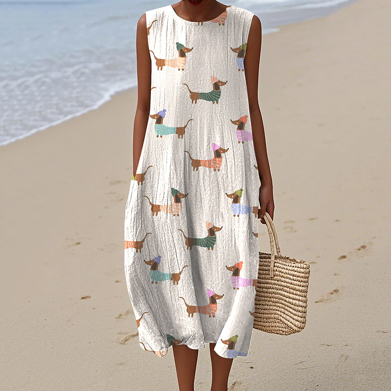 Retro Cute Dachshund  Dog Art Linen Tank Midi Dress artswardrobe