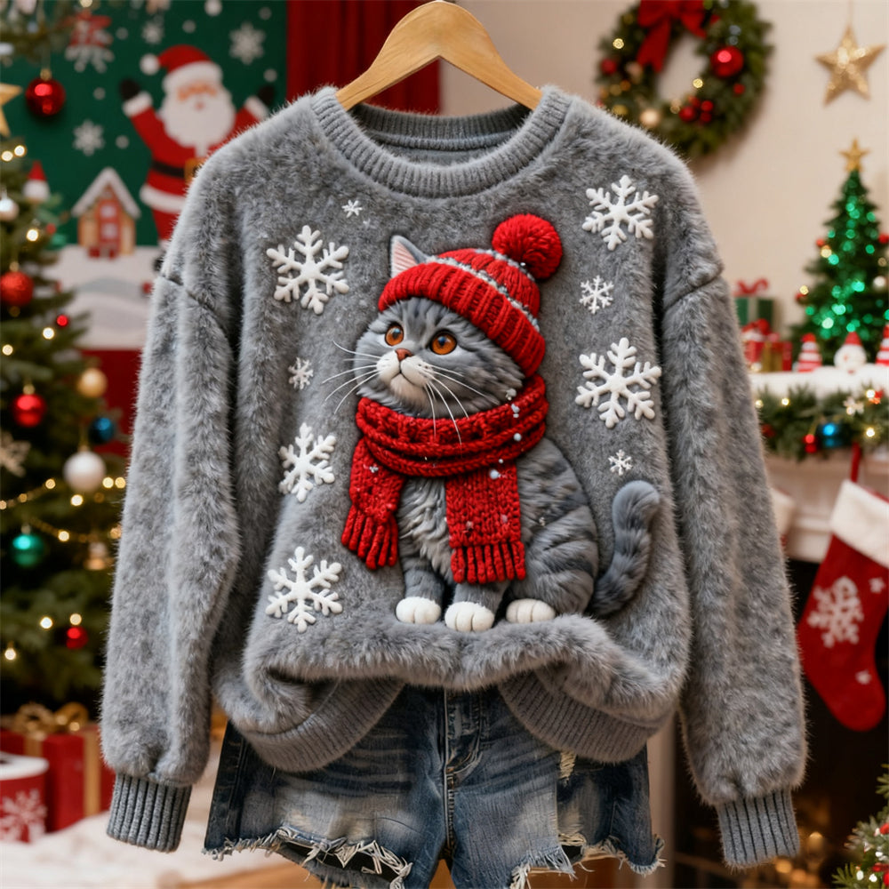 Comstylish Christmas Plush Cat Art Women's Cozy Plush Sweater