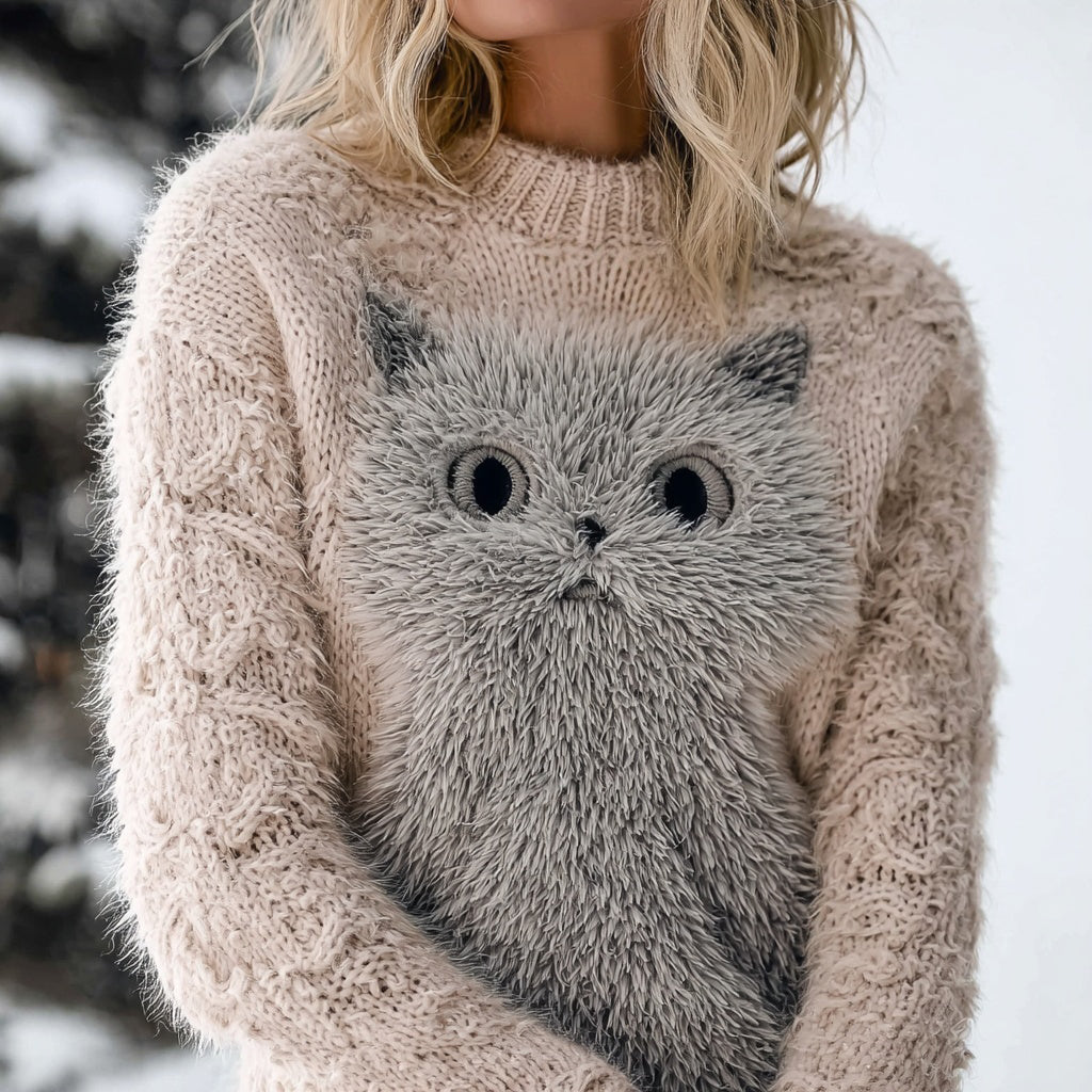 Cute Fuzzy Cat Embroidered Crew Neck Cozy Sweater artswardrobe