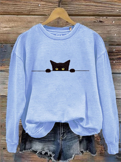 Comstylish Women's Casual Funny Black Cat Print Sweatshirt