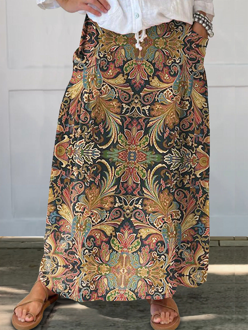 Women's Retro Ethnic Totem Flower Art Print Linen Pocket Skirt