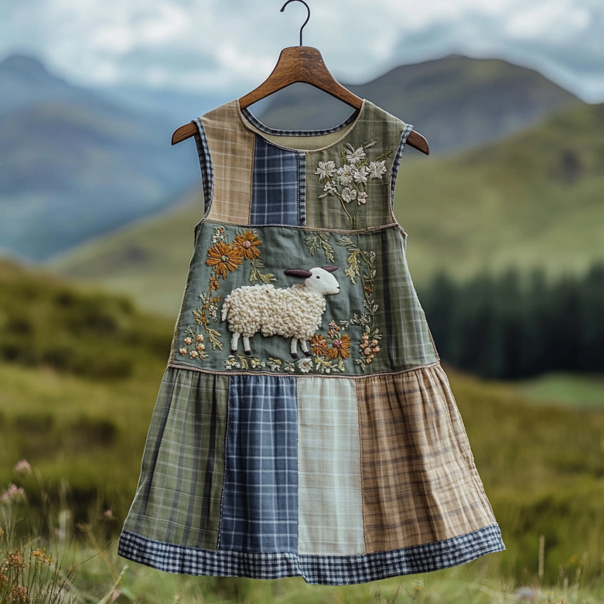 Women's Vintage Sheep In Plaid Embroidered Linen Sleeveless Tank Top artswardrobe