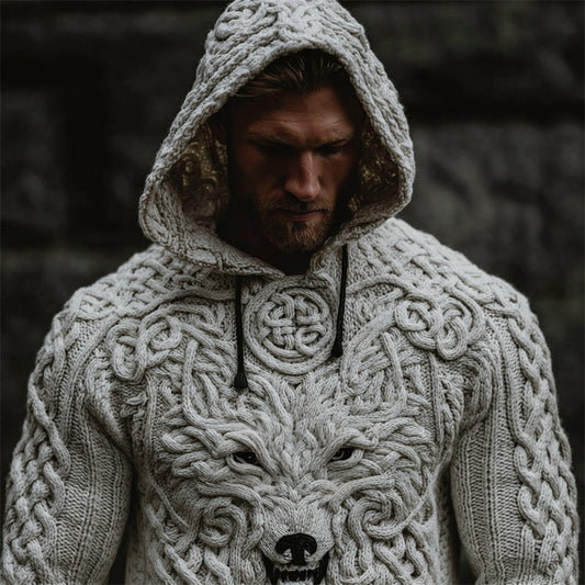 Men's Viking White Wolf Celtic Knot Chunky Hooded Sweater artswardrobe