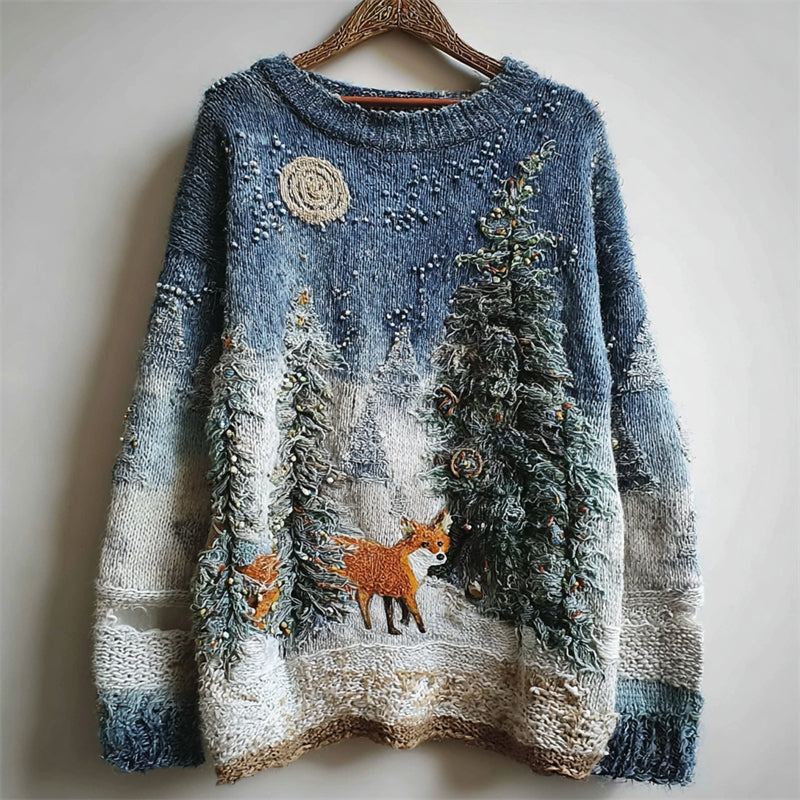 Fox Snowy Forest Night Cozy Fuzzy Knit Sweater artswardrobe