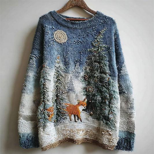 Fox Snowy Forest Night Cozy Fuzzy Knit Sweater artswardrobe
