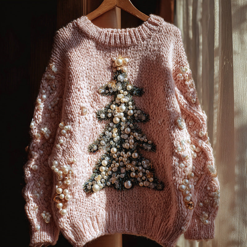 Christmas Tree Embroidered Pearl Crew Neck Sweater artswardrobe