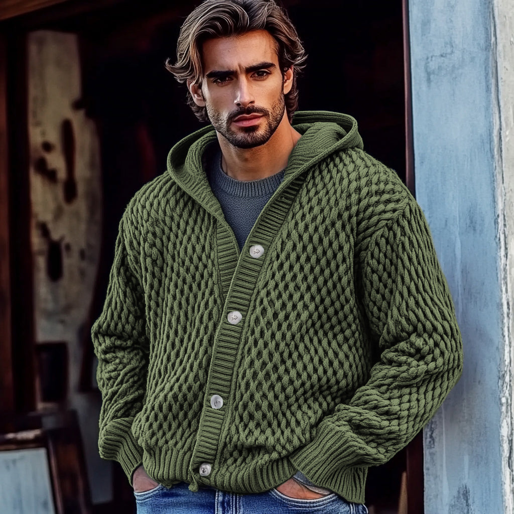 Men'S Waffle Braid Hooded Button Down Sweater elevenforest